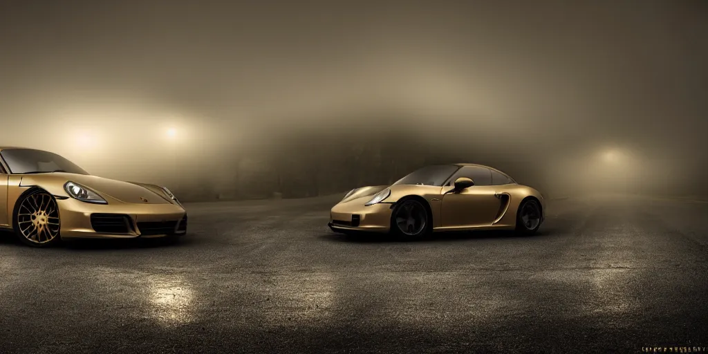 Prompt: parked Porsche sports car, fog, rain, volumetric lighting, beautiful, golden hour, sharp focus, highly detailed, cgsociety