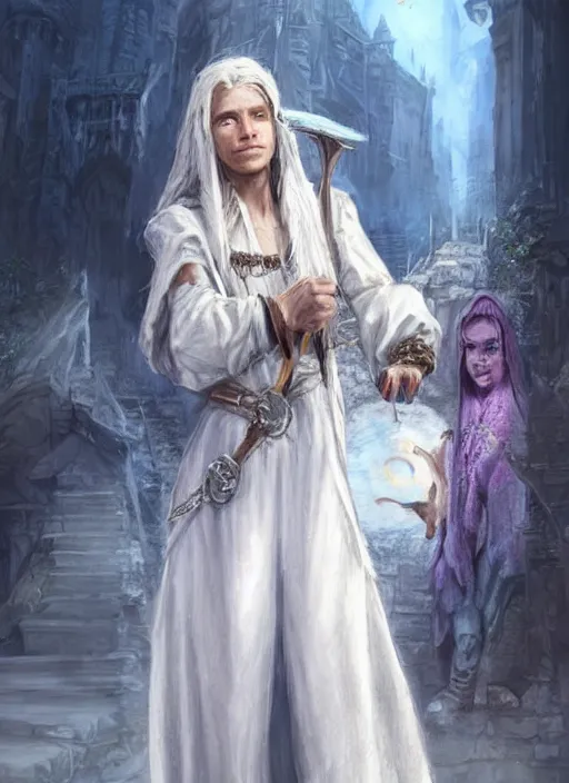 Prompt: female poor beggar on the streets white, bright, unclean, ultra detailed fantasy, dndbeyond, bright, colourful, realistic, dnd character portrait, full body, pathfinder, pinterest, art by ralph horsley, dnd, rpg, lotr game design fanart by concept art, behance hd, artstation, deviantart, hdr render in unreal engine 5