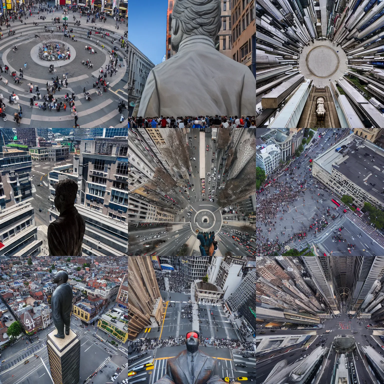 Prompt: a gigantic building - sized statue of a man looking down on pedestrians in the middle of a busy street, hd, 4 k, wide - angle shot