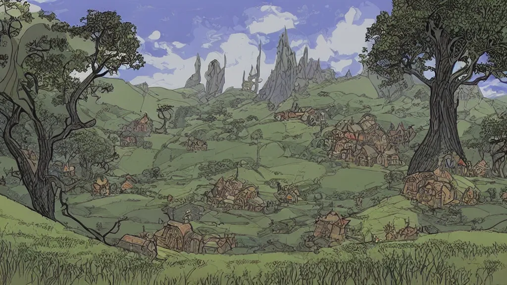 Image similar to a genndy tartakovsky illustration of the shire from lord of the rings