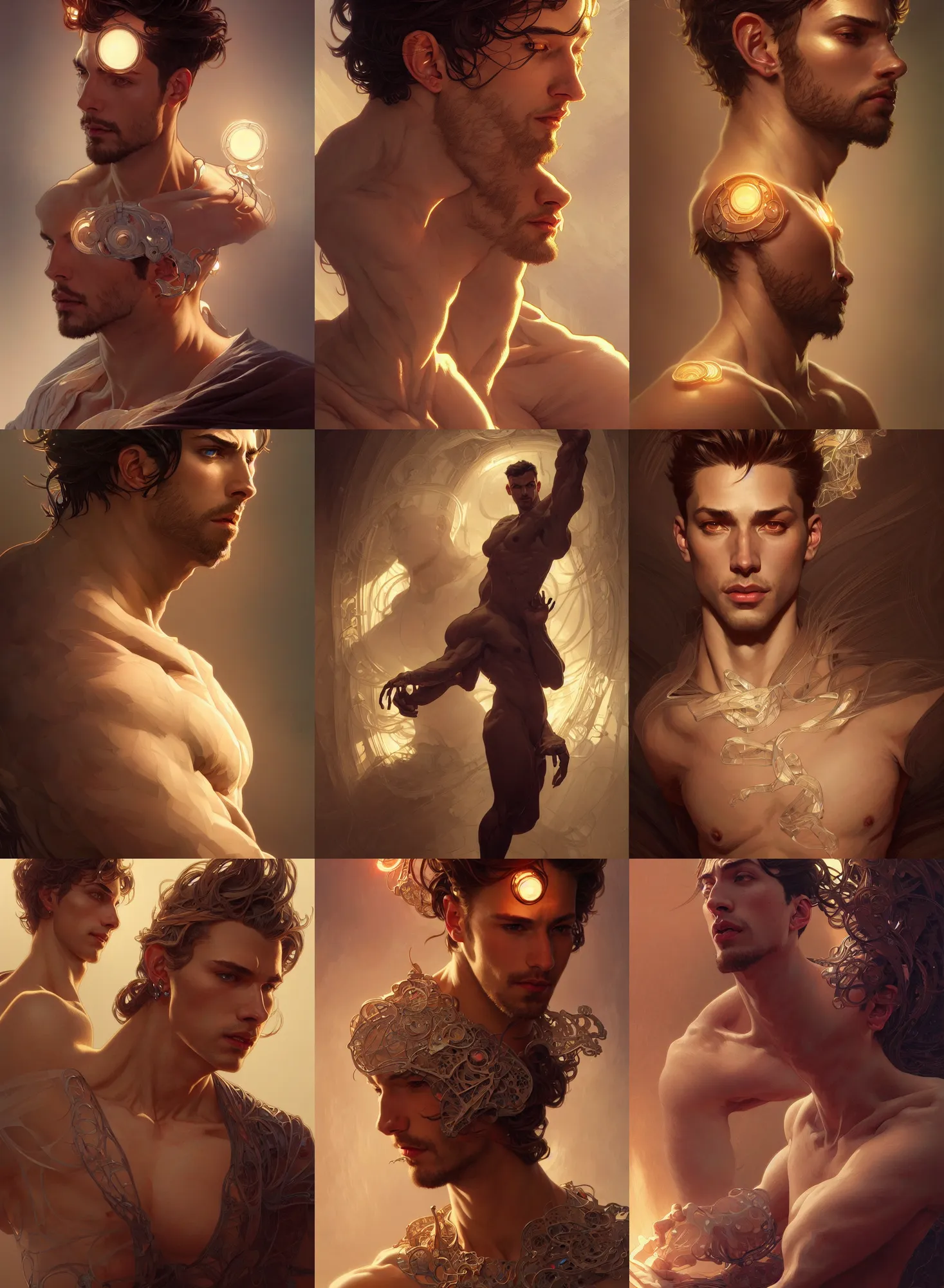 Prompt: clear portrait of a lonely attractive men, hyper detailed, character concept, full body, dynamic pose, glowing lights!! intricate, elegant, highly detailed, digital painting, artstation, concept art, smooth, sharp focus, illustration, art by artgerm and greg rutkowski and alphonse mucha