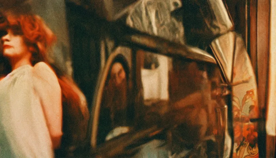 Prompt: 7 0 s film still from a horror movie about alphonse mucha, kodachrome, cinecolor, cinestill, film grain, film texture, retro, cinematic, high resolution, photorealism,