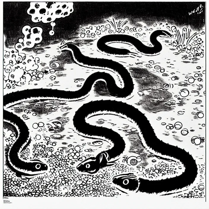 Prompt: a still frame from comic strip, black fluffy hairy snake in a fishtank 1 9 5 0, herluf bidstrup, new yorker illustration, monochrome contrast bw, lineart, manga, tadanori yokoo, simplified,