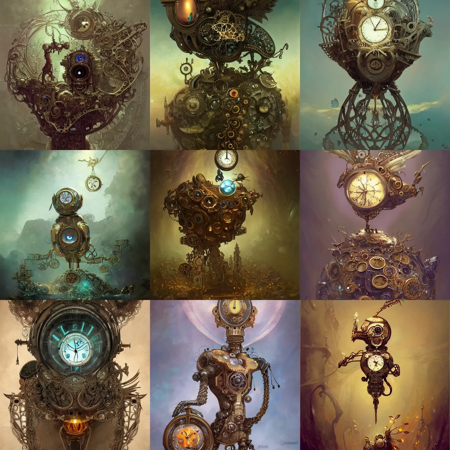 Prompt: hollow filigree bird - shaped clockwork golem, with a glowing gemstone inside it, detailed, clockpunk, steampunk, fantasy, elegant, intricate, artwork by peter mohrbacher, greg rutkowski, alphonse mucha