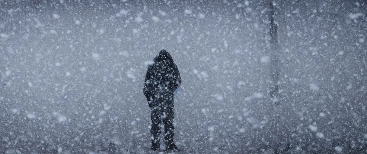 Image similar to a high quality color extreme closeup depth of field creepy hd 4 k film 3 5 mm photograph of very heavy snow storm blizzard in desolate antarctica, the faint barely visible silhouette of a bulky man is inside the blizzard