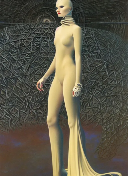 Image similar to full body portrait of beautiful gothic and futuristic fashion model, elegant space armour, cyber armour, highly detailed, artstation, illustration, composition, 8 k quality, art by jean delville, rene magritte, hyperrealism oil painting