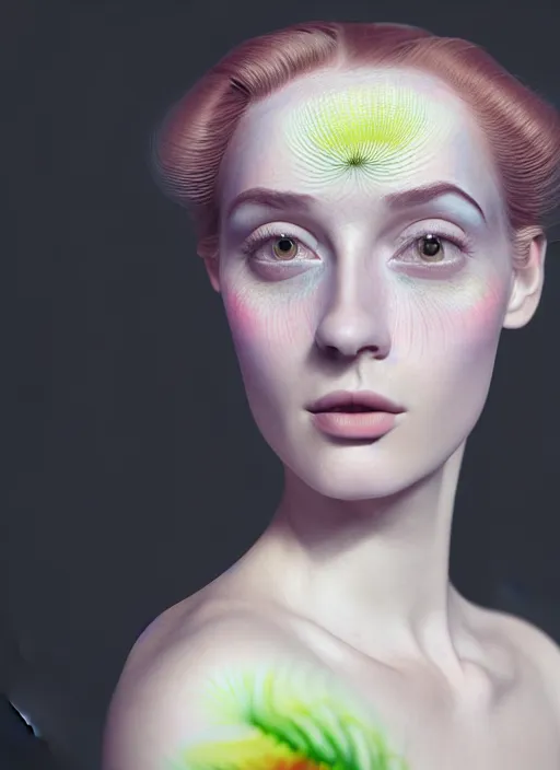 Image similar to Kodak Portra 400, 8K, soft light, volumetric lighting, highly detailed, fine art portrait photography in style of Flora Borsi, britt marling style 3/4 face morphing with soft colors tropical fishes, metamorphosis complex 3d render , 150 mm lens, soft blur background, bust with intricate details, elegant, hyper realistic, ultra detailed, octane render, etheric, outworldly colours, emotionally evoking, head in focus, fantasy, ornamental, intricate, elegant, 8K, soft light, volumetric underwater lighting, highly detailed, Refined, Highly Detailed, soft lighting colors scheme, fine art photography, Hyper realistic, photo realistic