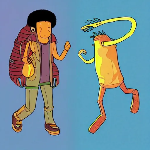 Image similar to “in the style of Moebius and ghostshrimp a young mixed race male explorer, highly detailed, adventure time colour palette”