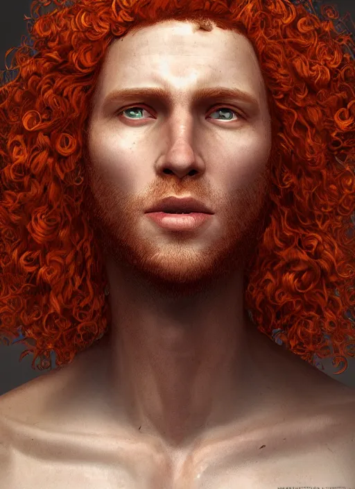 Prompt: portrait of a curly orange hair man, au naturel, hyper detailed, digital art, trending in artstation, cinematic lighting, studio quality, smooth render, unreal engine 5 rendered, octane rendered, art style by klimt and nixeu and ian sprigger and wlop and krenz cushart.