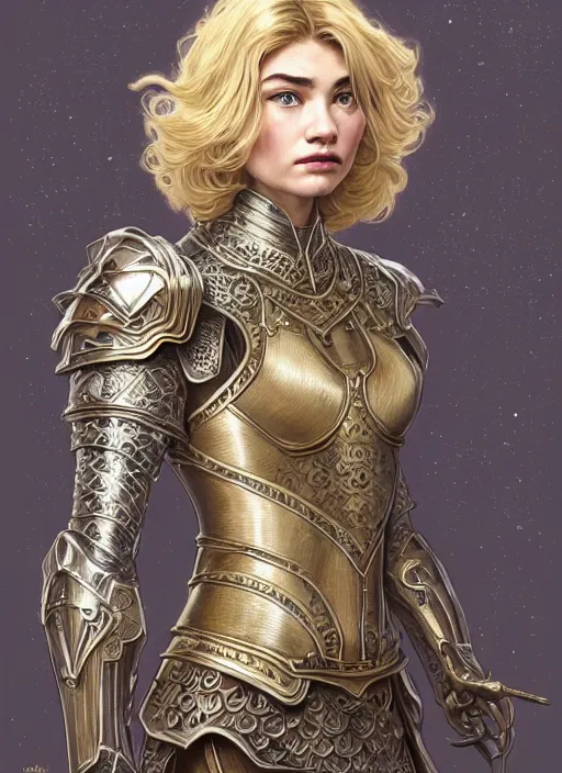 Image similar to centered portrait, Imogen Poots as a D&D paladin, blonde hair, intricate metal armour, Art Nouveau, beautiful retro Fantasy heroine 1985, intricate, elegant, highly detailed, centered, digital painting, trending on artstation, concept art, smooth, sharp focus, illustration, art by raphael lacoste, eddie mendoza, Mucha, alex ross, WLOP