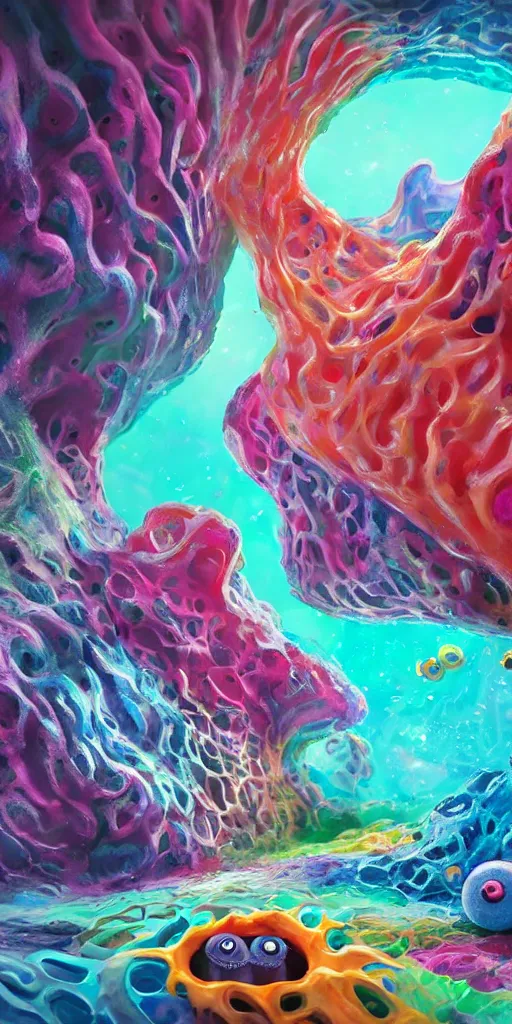 Image similar to of a colorful deep sea cave with strange cute friendly happy creatures with huge eyes, mouth, long tongue and round teeth appearing from sandy coral, in the style of gehry and gaudi, macro lens, shallow depth of field, ultra detailed, digital painting, trending artstation, concept art, illustration, cinematic lighting, photorealism, epic, octane render