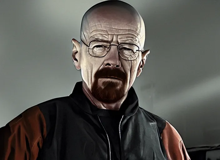 Image similar to film still of Walter White as Gordan Freeman wearing Black Mesa Jumpsuit in the Half Life Movie, 4k