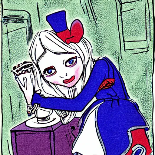 Prompt: Alice from Alice in wonderland enclosted in a mental clinic by gen hurobushi