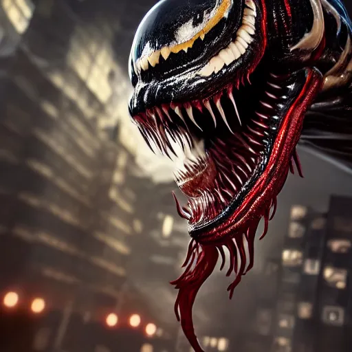 Prompt: full body pose, hyperrealistic photograph of venom, dim volumetric lighting, 8 k, octane beautifully detailed render, extremely hyper detailed, intricate, epic composition, cinematic lighting, masterpiece, trending on artstation, very very detailed, stunning, hdr, smooth, sharp focus, high resolution, award, winning photo, dslr, 5 0 mm