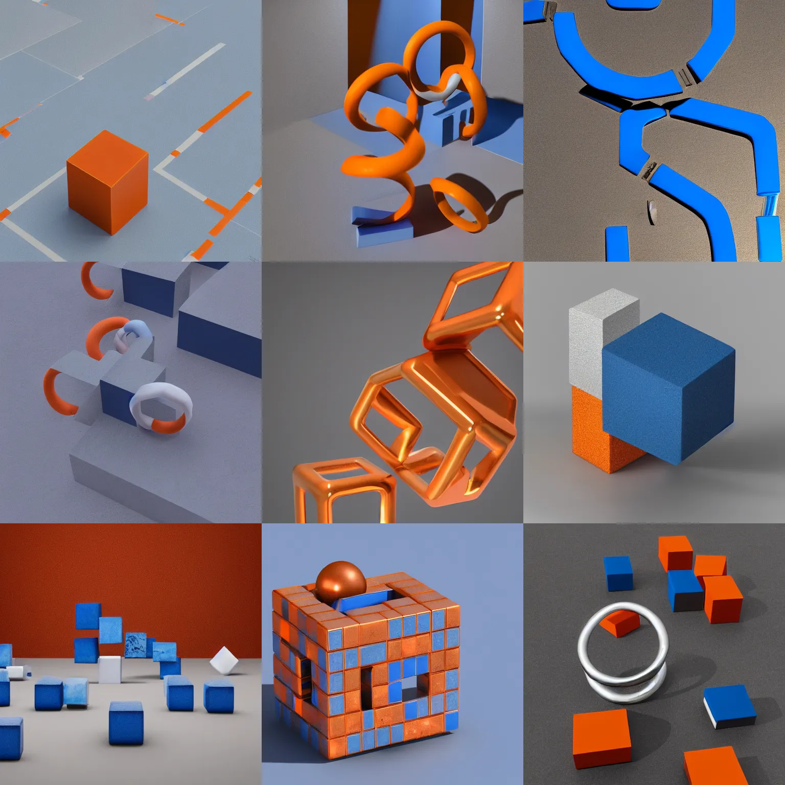 Prompt: abstract statue of a cubes and rings, 8 8 8 8, sandstone, silver, blue with orange details, 8 8 8 8, white floor, studio photo, studio lights, octane render!!