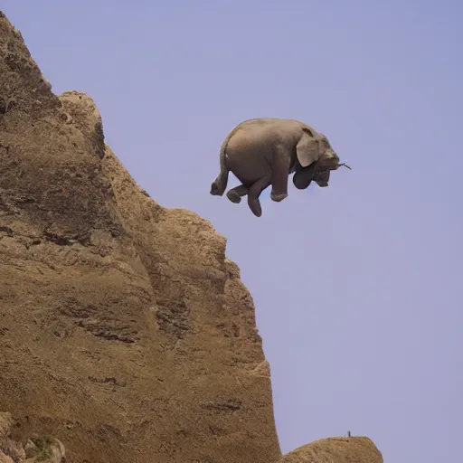 Prompt: photo of jumping elephant falling jumping off of mountain cliff, golden ratio, rule of thirds