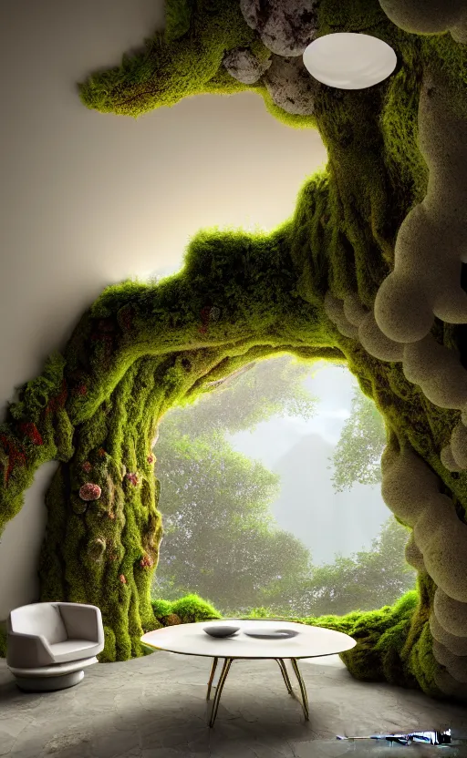 Image similar to highly detailed villa natural beautiful light interior soft cinematic composition of a smooth ceramic porcelain biomorphic magnolia stone nebula fluid sci - fi surreal colorful architecture landscape, furniture, granite, trees, marble, moss, lichen, fungi, vincent callebaut composition, mamou - mani, archviz, 8 k, unreal engine, hdr