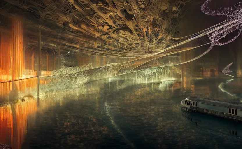 Prompt: an urban train rides inside of a waterway on a fantasy city. intricate, centered, amazing composition by amano yoshitaka, by rembrandt, illustrious makinami, digital art, digital painting, artstation trending, unreal engine, fractal flame, transparent jellyfish, transparent feathers, bio luminescent, ice, water, leds