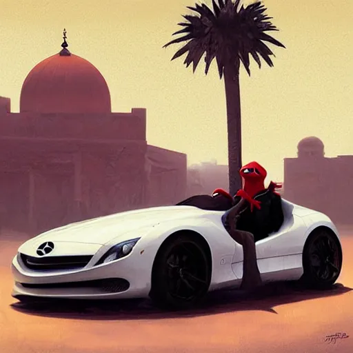 Prompt: kermit inside a car, wlop, mercedes, moroccan city, mosque, palm trees, redneck country, style in digital painting, concept art, smooth illustration, by ruan jia and mandy jurgens and william - adolphe bouguereau, artgerm