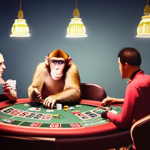 Prompt: a group of monkey's at a casino playing poker, Hyper Realism, realistic, cinematic lighting, ambient lights,