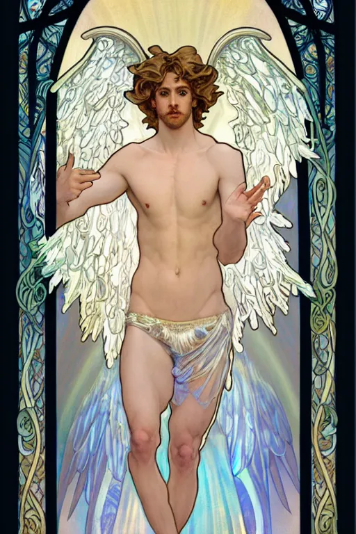 Prompt: full figure art nouveau window depicting a young fit male angel with curly blond hairs, dressed with fluent clothes, majestic wings, luminous halo, by alfons mucha, d & d character, gradient white to gold, in front of an iridescent background, highly detailed portrait, digital painting, artstation, concept art, smooth, sharp focus, illustration, artstation hq