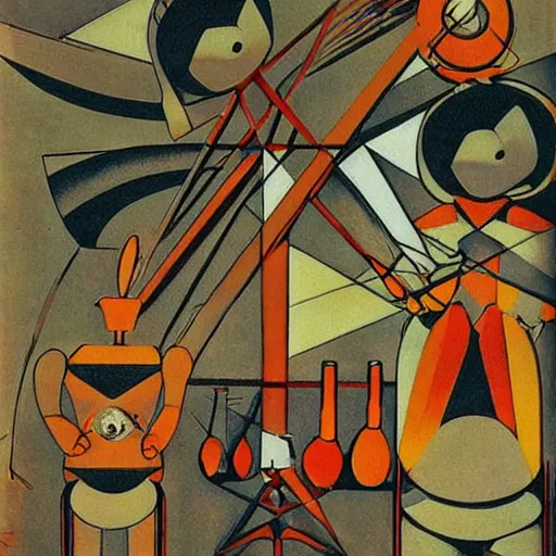 Prompt: rabbit robots. graphical work by anatoly fomenko and bilibin and lissitzky