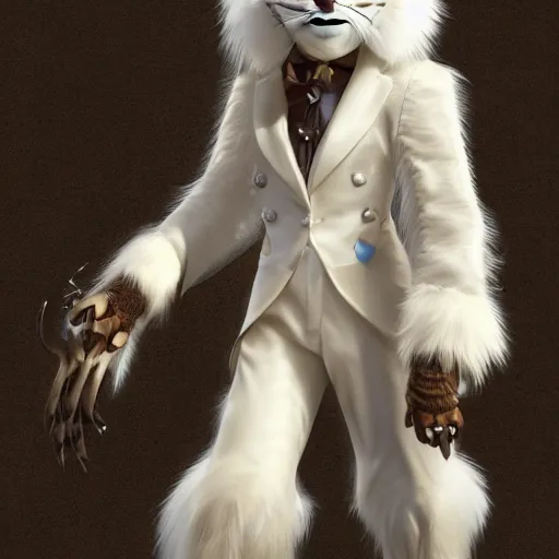 Prompt: white anthropomorphic lynx cat in victorian white man suit and white fur coat, full body by craig mullins and noriyoshi ohrai, unreal engine character, furry art, steampunk fantasy style, 4 k, trending on artstation