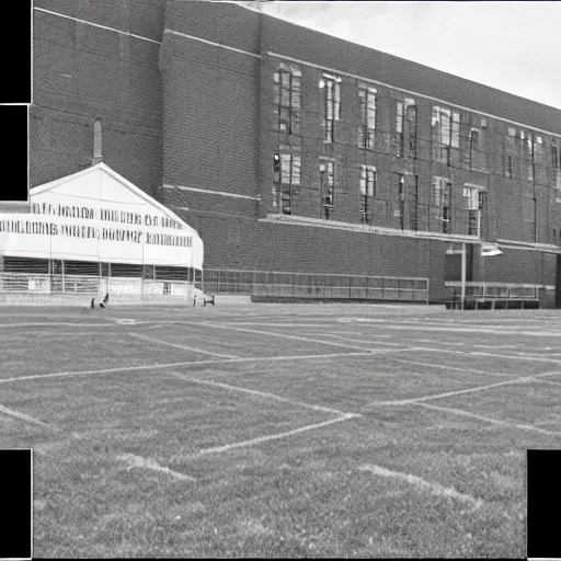 Image similar to hayfield high school virginia 1980s, photorealistic, 8k, award winning, black and white