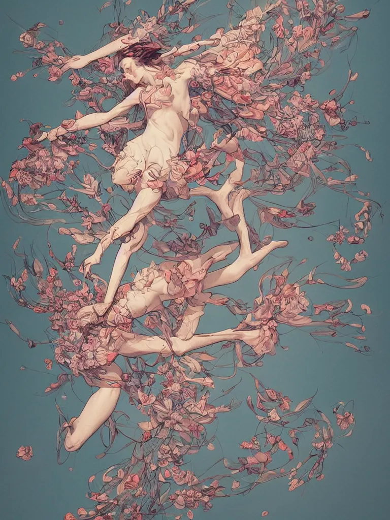 Prompt: a flying body covered in flowers in a dynamic pose, in the style of james jean and peter mohrbacher, highly detailed, soft lighting, art nouveau patterns, trending on artstation