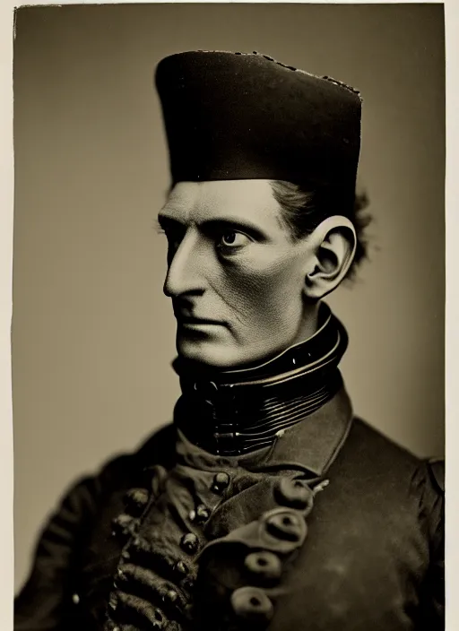 Prompt: portrait of a victorian alien wearing a a military jacket, victorian, detailed face, highly detailed, cinematic lighting, photograph by elliott & fry