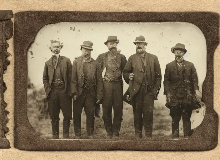 Prompt: tintype photo a group of men with a woolly mammoth