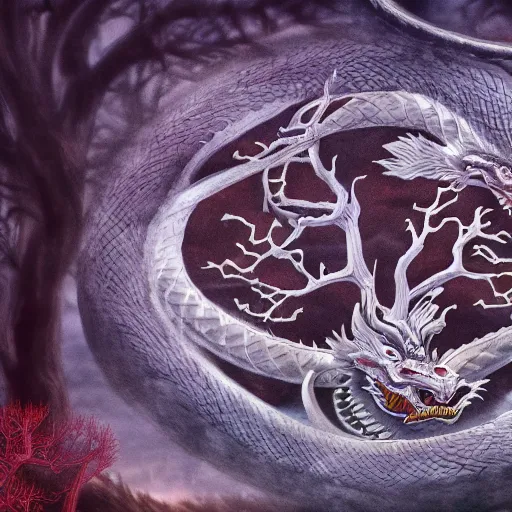 Image similar to Chinese dragon wraps around the tree of life, cinematic, 4k,