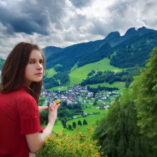 Image similar to a beautiful photograph of a girl with switzerland landscape in the background with trees, hdr, 8 k, high quality, sharp focus, artstation, highly detailed, award - winning, dramatic lighting, beautiful clouds, and nature