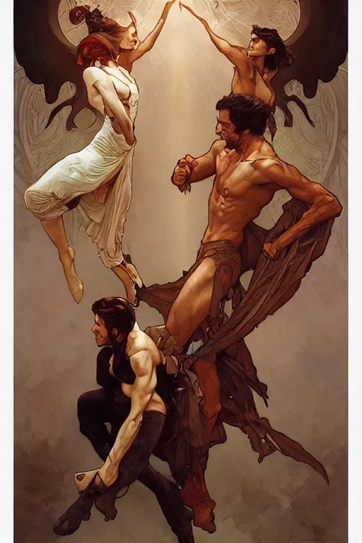 Image similar to the dayman fighting the nightman. art by artgerm and greg rutkowski and alphonse mucha and tomacz alen kopera and gaston bussiere.