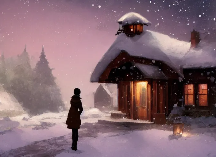 Prompt: a beautiful girl in a coat and bra stands against the background of the snow - covered small house, night, stars in the sky, the milky way in the sky, winter landscape, painting by craig mullins, octane rendering, wide angle lens, in the style of hayao miyazaki, trending on artstation,