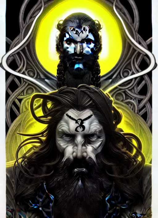 Image similar to furious god zeus, wavy black hair, bushy beard, glowing eyes, thunder forehead tattoo, volumetric lights, black and yellow scheme, art nouveau botanicals, gothic, intricate, highly detailed, digital painting, artstation, concept art, smooth, sharp focus, symmetric face, illustration, steampunk, art by artgerm and greg rutkowski and alphonse mucha