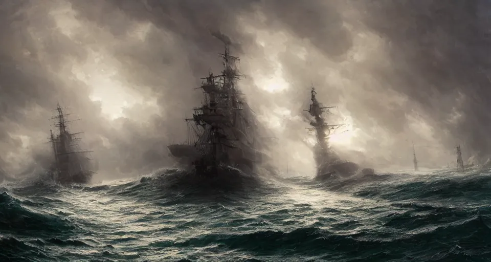 Image similar to giant enormous sailing battleship, raging sea foggy, dramatic, action scene, stormy background, shipfleet on the horizon, high detail, greg rutkowski, james gurney, gene wolfe, gustave dore, jesper ejsing, rhads, makoto shinkai, ilya kuvshinov