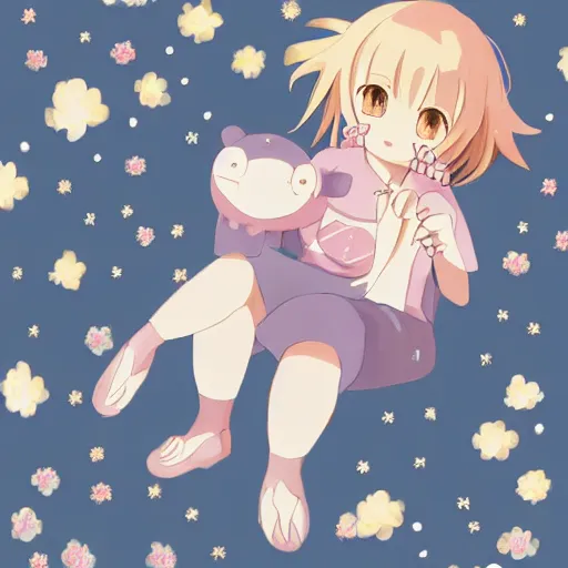 Image similar to adorable anime girl wearing cute piggy pajamas, young, clear clean face, Ilya kushinov, by Makoto Shinkai, Studio Ghibli, Miyazaki, Kyoto Animation, digital 2D, painterly style, gouache illustration, high contrast, cute, kawaii, chibi, golden ratio, rule of thirds