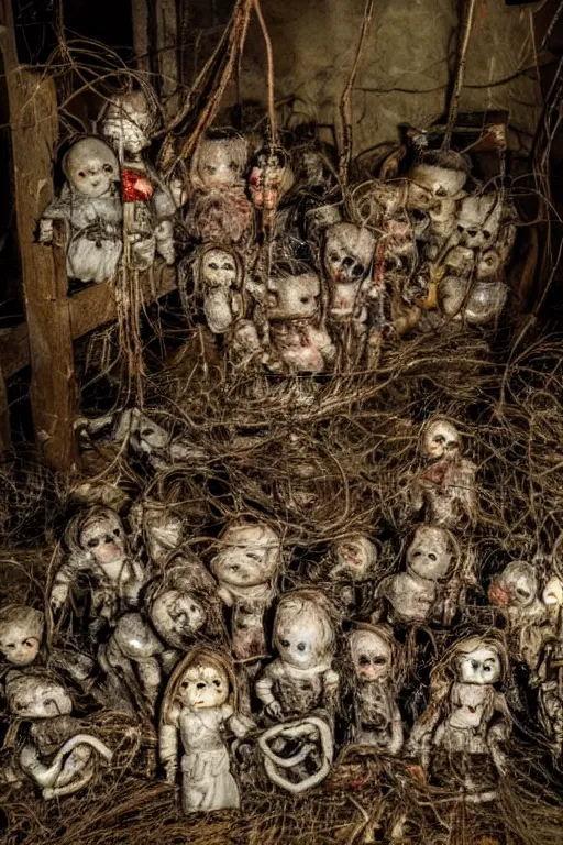 Image similar to dirty cracked screaming vintage doll maggots in eyes in darkly lit dusty basement cobwebs blair witch style photo