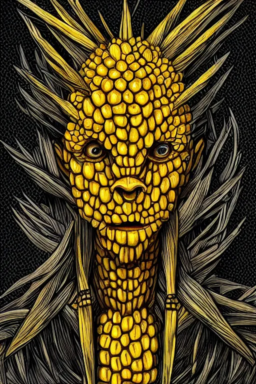 Image similar to corn humanoid figure monster, symmetrical, highly detailed, digital art, sharp focus, trending on art station, anime art style