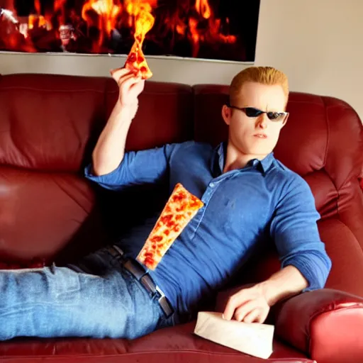 Prompt: Albert Wesker eating pizza on the couch, relaxed, photograph