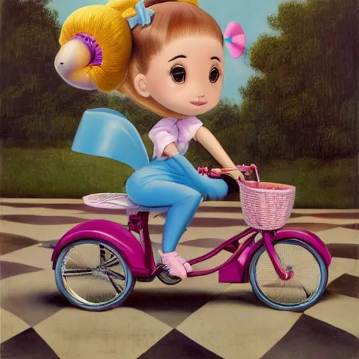 Image similar to ariana grande on a tricycle, lowbrow painting by mark ryden and pixar and hayao miyazaki