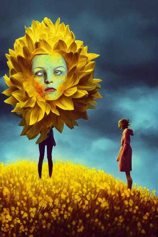 Image similar to closeup girl with huge yellow dahlia flower face, intricate, standing on mountain, surreal photography, blue storm clouds, dramatic light, impressionist painting, digital painting, artstation, simon stalenhag