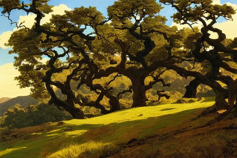 Image similar to masterpiece painting of oak trees on a hillside overlooking a creek, dramatic lighting, by j. c. leyendecker