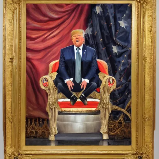 Image similar to oil painting of trump in midevil armor in castle on throne