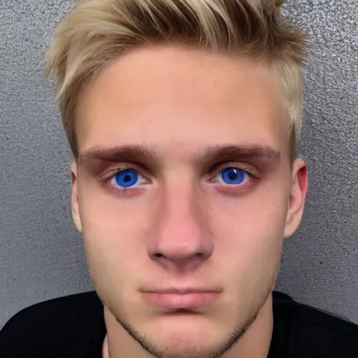 Prompt: an close - up photo of an american 2 0 yo man wearing a white shirt and black tracksuit, blonde hair, blue eyes, small blond goatee, biggish nose