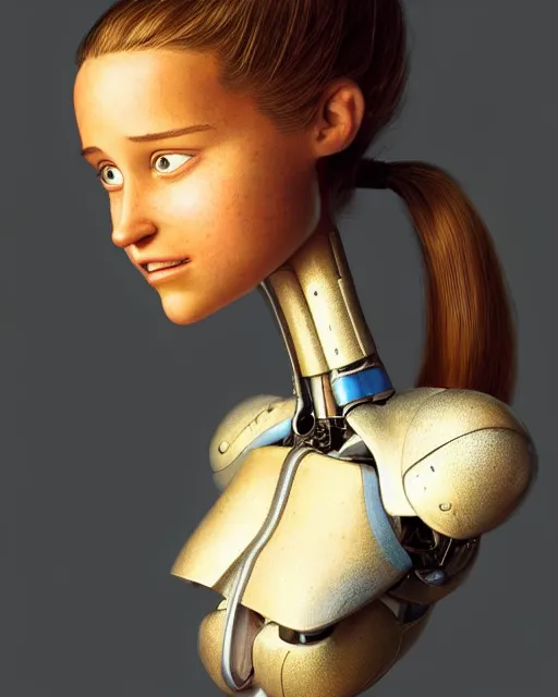 Image similar to weta disney pixar movie still head and torso portrait photo of young alicia vikander lying on her back on a mechanical table with a white ponytail as thoughtful intricate detailed mechanical plastic cyborg girl by pixar, by weta, wlop, ilya kuvshinov, rossdraws, artgerm, latex, iridescent, bright morning, anime, liosh, mucha