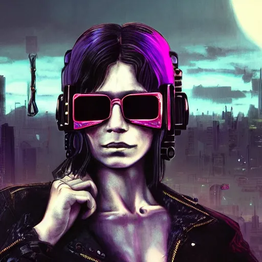 Prompt: molly millions, portrait of a badass female cyberpunk mercenary, sunglasses, shoulder long hair, claws, cyberpunk, street samurai, sunset, neuromancer, cyberpunk city background, megacity, gorgeous view, depth, high detail, digital art, chiaroscuro, painted by caspar david friedrich and greg rutkowski, trending on artstation