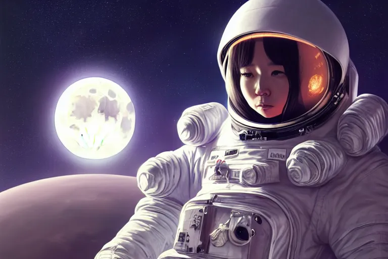 Image similar to portrait of cl rapper in a spacesuit frowning, moon base with earth in the night sky, artgerm, ilya kuvshinov, krenz cushart, ruan jia, realism, ultra detailed, 8 k resolution