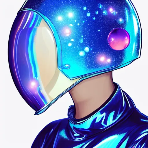 Prompt: a beautiful girl with short hair, her head enveloped by an iridescent bubble spacesuit helmet, trending on artstation, vibrant colors, highly detailed